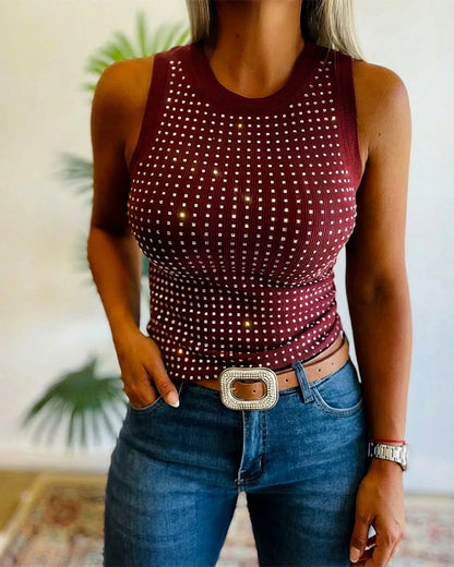 Julia - Top de Punto Acanalado con Decoración de Pedrería y Cuello Redondo